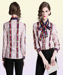 New Women's Printed Shirt With Neck Bow Plus Size Elegant Long Sleeve Ladies Button Blouses Runway Office Designer Shirts Tops9091975