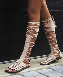 Sexy Women's Back Zipper New Open Toe Knee High Tall Lace Up Cut Out Roman Flat Sandals Lady Casual Runway Boots Shoes 35-42 Mujer8568826