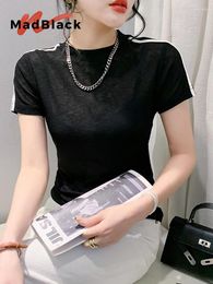 Women's T Shirts MadBlack European Clothes Tshirt Women Sexy O Neck Necklace Loose Mesh Tops Short Sleeve Elastic Tee Summer 2024 T435138JC