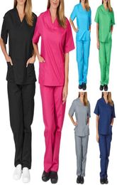 Women039s Pants Capris Solid Color Unisex Men Women Short Sleeve V Neck Nurses Scrubs TopsPants Nursing Working Uniform Set 9813325