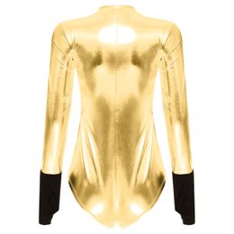 Womens Halloween Astronaut Role Play Costume Metallic Shiny Space Uniform Long Sleeve Leotard Catsuit Party Cosplay Clubwear