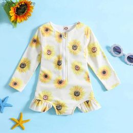 One-Pieces 1-5T Girls Cute Bikini Swimsuit Sun/Flower Print Long Sleeve Zipper Jumpsuit Swimsuit Surfing Beachwear Swimsuit Y240412