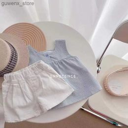 Clothing Sets 2024 New Summer Kids Girls Clothes Sets Casual Girls Checked Straps+White Shorts 2pcs Suit Children Clothing Set Y240412