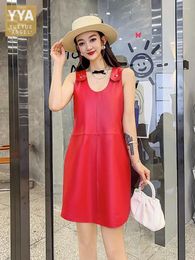 Casual Dresses Women Genuine Leather Dress Fashion Solid Color Loose Tank Straps Sweet Lady Sleeveless Sheepskin A-Line