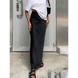 Skirts Solid Satin Long Skirt Women High Waist Elegant Fashion Slim Draped Maxi 2024 Summer Casual Chic Office Lady Faldas Drop Delive Otvnz