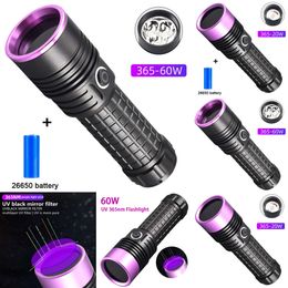 New Powerful 365Nm UV Flashlight Black Mirror Purple Light 60W Fluorescent Oil Pollution Detection Torch Rechargeable 26650 Lantern