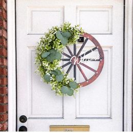 Decorative Flowers Artificial Summer Wreath Leaves Flower With Welcome Wheel For Front Door Farmhouses Garden Wedding Decorations