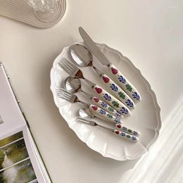 Dinnerware Sets Reusable Nordic White Flower Stainless Steel Fork Spoon Set Vintage Dinner Porcelain Tableware Kitchen