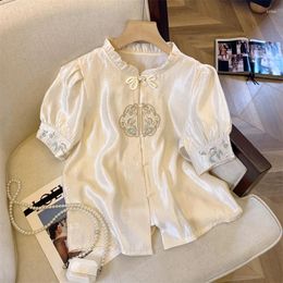 Women's Blouses Satin Shirts Chinese Style Embroidery Loose Fashion Women Tops Summer Floral Vintage Clothing YCMYUNYAN