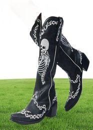 Women Skull Skeleton Selfie Cowboy Western Mid Calf Boots Pointed Toe SlipOn Stacked Heel Goth Punk Autumn Shoes Brand Designer Y7382667