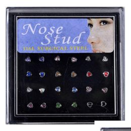 Nose Rings Studs 24 Stks/Set Hart Vorm Neus Ring Studs Fashion Body Piercing Sieraden Kristal Ringen Voor Vrouwen Oor Kraakbeen Heli Dhbap