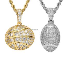 18k Gold Cubic Zirconia Basketball football Necklace 60cm Golden Chains Jewelry Set Copper Diamond Hip Hop Sport Football Pendant 4833339