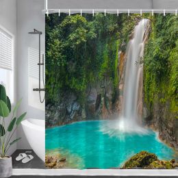 Forest Waterfall Shower Curtains Spring Green Trees Nature Landscape Bath Curtain Garden Wall Hanging Bathroom Decor with Hooks