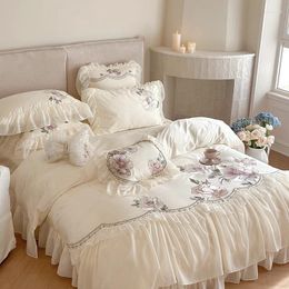 Bedding Sets High End Flowers Embroidery Luxury Beige Egyptian Cotton Chiffon Lace Princess Duvet Cover Bed Sheet Pillowcases