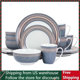 Plates Silver Wind 16 Piece Fine Ceramic Dinnerware Set In Gray And Pink