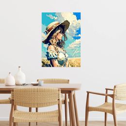 Field of Dreams Blue Sky Wheat Field Maiden Girl Comic Art Canvas Painting Wall Print Living Home Room Poster Picture Decoration