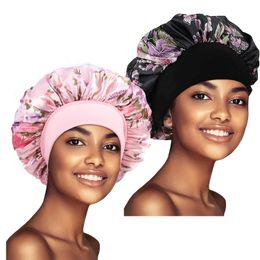 2pcs Set Floral Pattern Satin Women Bonnet African Style Night Sleep Cap Soft Extra Large Head Wear Lady Headwrap Bonnet Turban