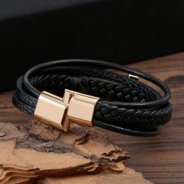 Black Cross Decorative Punk Magnetic Buckle Charm Bracelet For Men Multilayer Braided High Quality Leather Bracelet Jewelry Gift