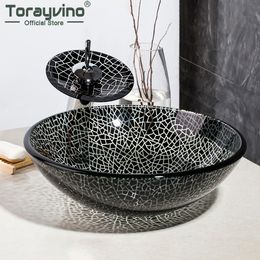 Torayvino Hand Painting Bathroom Black & White Washbasin Tempered Glass Vessel Sink Waterfall Oil Rubbed Bronze Faucet Set