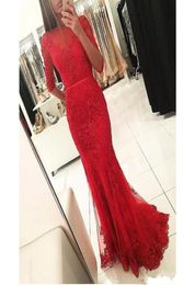 2020 Cheap Red Mermaid Evening Dresses Illusion Tulle Appliques Lace Beaded Half Sleeves Sashes Sweep Train Custom Prom Party Gown7989958