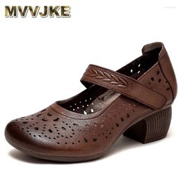 Dress Shoes Good Quality Cowhide Full Real Leather Woman High Heels 2024 Spring Summer Hollow Sandals Retro Elegant Thick Heel