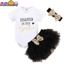 Shorts Baby Girl Clothes Set Cute Mama's Is Bestie Infant Toddler Clothing Tops Lace Tutu Shorts Headband Summer 3Pcs Newborn Outfits