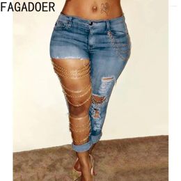 Women's Jeans FAGADOER Fashion Chain Design Skinny Denim Pants Women High Waisted Button Matching Jean Trousers Casual Female Cowboy Bottoms