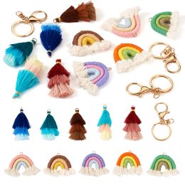 Rings 15Pcs/set DIY Rainbow Tassel Keychain Making Kit Including Cotton Tassel Polycotton Woven Pendants Alloy Keychain Clasp Findings