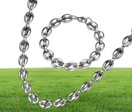 Huge 11mm wide 60cm 22cm Heavy Mens Cool Stainless Steel Shiny Silver Coffee Beans Link Chain Necklace bracelet jewelry set20784490294