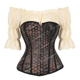 Leather Corset with Pirate Blouse 2 Piece Steampunk Rockabilly Skull Bustier Halloween Costume for Women Gothic Party Outfits