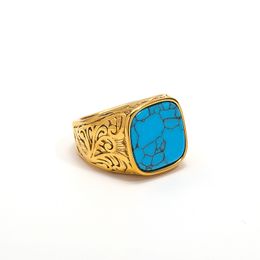European and American Trend Retro Carved Pattern Plated with 18K Gold Inlaid Turquoise Rings Size 7-13