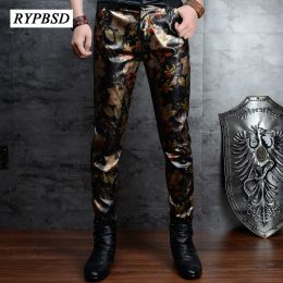 Pants Floral Printed Pu Skinny Leather Pants Men Korean Fashion Haruku Slim Fit Nightclub Party Casual Mens Faux Leather Trousers