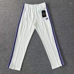 Men's Pants White Elegance Needles Sweatpants Blue Stripe Butterfly Embroidery High Street Trousers Men Women Leisure Bell-bottoms