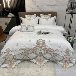 Bedding Sets Luxury White Red Grey Blue 600TC Egyptian Cotton Sanding Set Gold Embroidery Duvet Cover Fitted Bed Sheet Pillowcase