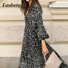Casual Dresses Fashion V-Neck Pullover Loose Holiday Dress Elegant Leopard Print Commuter Lace-Up Women Simple High Street