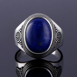 Sterling Silver 925 Ring Natural Big Oval Lapis Rings for Men Women Retro Luxury Fine Jewelry Party Anniversary Gift