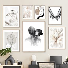 Abstract My Lover's Bedroom Wall Art Print Line Canvas Painting Kiss And Hug Hand In Hand Flower Poster Modern Living Room Decor