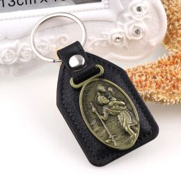 PU Leather KeyChains Saint Christopher Charm Pendants For Men Black Tag Antique Bronze Plated Hook Key Holder Car Key Holder