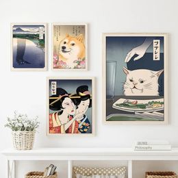 Japan Ukiyoe Style Posters and Prints Woman Yelling at Cat Canvas Painting Vintage Longcat Wall Art Pictures Home Decor No Fram