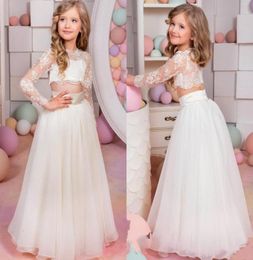 2016 Lovely Kids Pageant Dresses Sexy Sheer Lace Applique Jewel Neck Illusion Long Sleeve Two Pieces A Line Tulle Little Girl Prom6516929