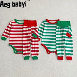 Trousers Baby Clothes Sets Red Green Striped Infant Boy Girl Pajamas Romper Pants 2pcs Sets Long Johns For Christmas New Year Clothing