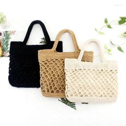 Shoulder Bags Fashion Cotton Rope Straw Handmade Square Zipper Tote Women Travel Beach Woven Top-Handle Casual Net Hollow Handbag