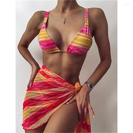 Women's Swimwear Gradient Tie Dye Print Bikini Thong Set Triangle Sexy Swimsuit Women Cover-up Three Piece Y2K Beach Outfit Bathing Suit