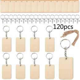 Rings Blank Rectangle Shaped Wooden Keychain Set of 120 Unfinished Wood Chip Key Rings Hemp Rope Diy Keychain Supply