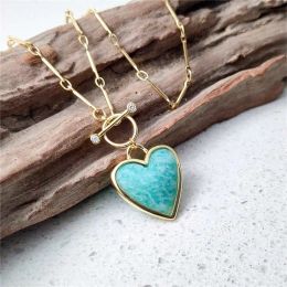 FUWO Wholesale Natural Amazonite Neckace,Love Heart Shaped Stone With 17"/22" Golden Stick OT Chain Jewelry NC476 5 Pieces/Lot