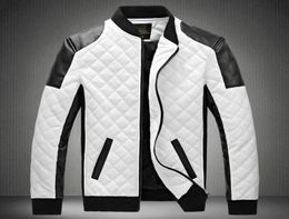 Designer jacket men039s stand collar PU leather jacket coat black and white Colour matching large size motorcycle leather3158941