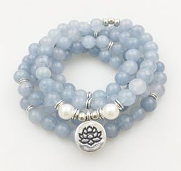 SN1205 Design Womens 8 mm Blue Stone 108 Mala Beads Bracelet or Necklace Lotus Charm Yoga Bracelet9708252