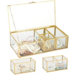 Golden Glass Jewelry Box Mirrored Box With 2 Detachable Jewelry Organizers Clear Lidded Display Box Makeup Storage Container