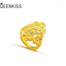 Cluster Rings QEENKISS 24KT Gold Flower Ring For Women Adjustable Phoenix Fine Wholesale Jewellery Wedding Party Bride Ladies Gift RG528
