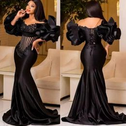 2024 Plus Size Prom Dresses for Black Women Promdress Sheer Neck Puffy Sleeves Mermaid Evening Dresses Elegant Birthday Party Gowns Reception Gown Vestido De AM702